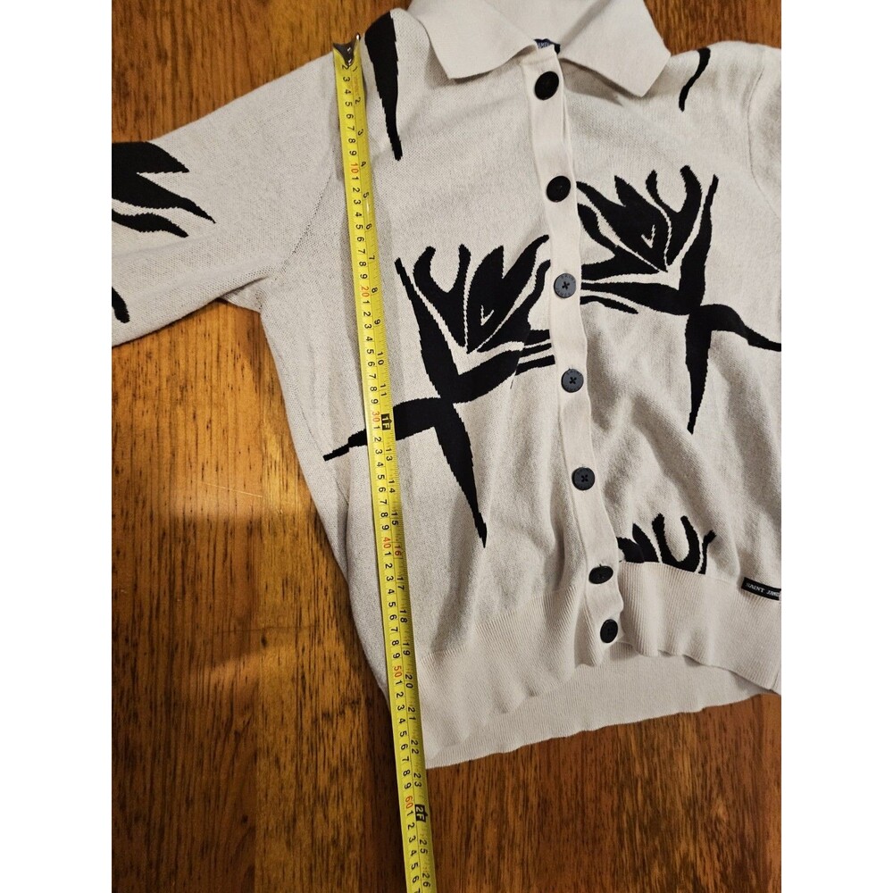 Saint James Cotton Polo Collar Cardigan Sweater Abstract Floral Cream Black Sz 8 - Picture 5 of 10